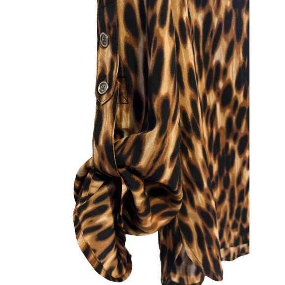 Anne Klein Blouse Womens Medium Leopard Print Roll Tab Sleeves Career Relaxed - Picture 12 of 13